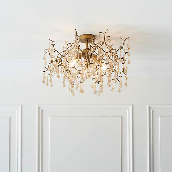 Antique Gold Champagne Teardrop Semi-Flush Chandelier