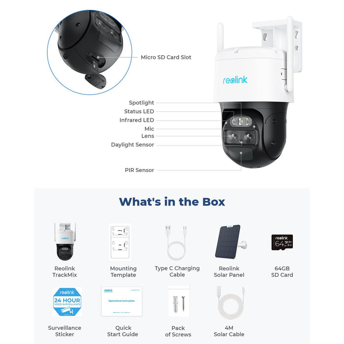 Reolink TrackMix 2K Cam with 6W Solar Panel & 64GB MicroSD Card