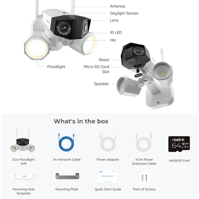 Reolink 4K Dual-Lens 180° WiFi Floodlight Camera with 64GB MicroSD Card