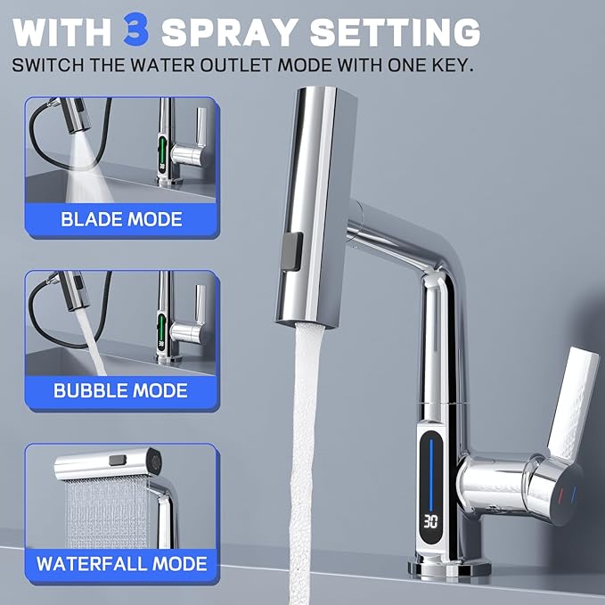 Ener J BW2001 Single Hole Basin Faucet with Waterfall, Pull Out Sprayer and LED Temperature Display - Chrome