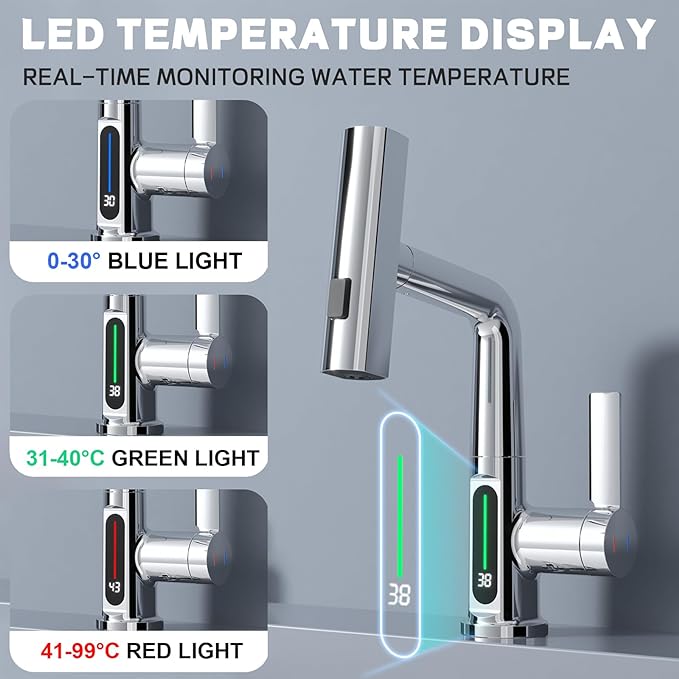 Ener J BW2001 Single Hole Basin Faucet with Waterfall, Pull Out Sprayer and LED Temperature Display - Chrome