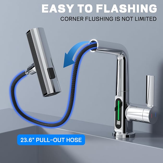 Ener J BW2001 Single Hole Basin Faucet with Waterfall, Pull Out Sprayer and LED Temperature Display - Chrome