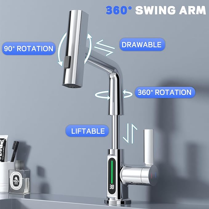 Ener J BW2001 Single Hole Basin Faucet with Waterfall, Pull Out Sprayer and LED Temperature Display - Chrome