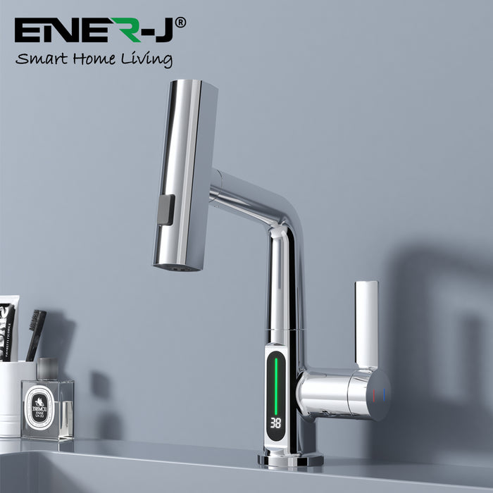 Ener J BW2002 Single Hole Basin Faucet with Waterfall, Pull Out Sprayer and LED Temperature Display - Black