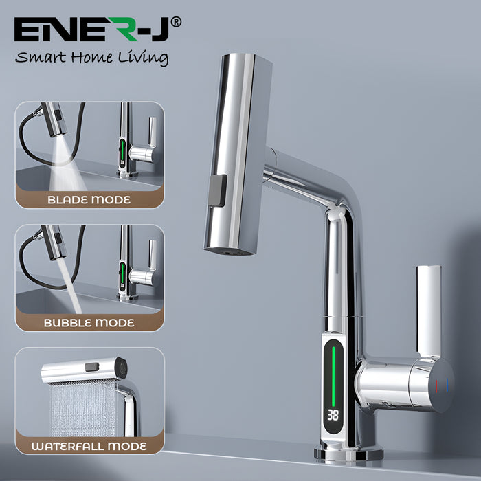 Ener J BW2002 Single Hole Basin Faucet with Waterfall, Pull Out Sprayer and LED Temperature Display - Black