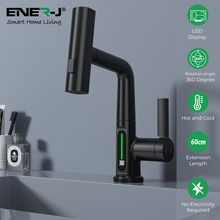 Ener J BW2002 Single Hole Basin Faucet with Waterfall, Pull Out Sprayer and LED Temperature Display - Black