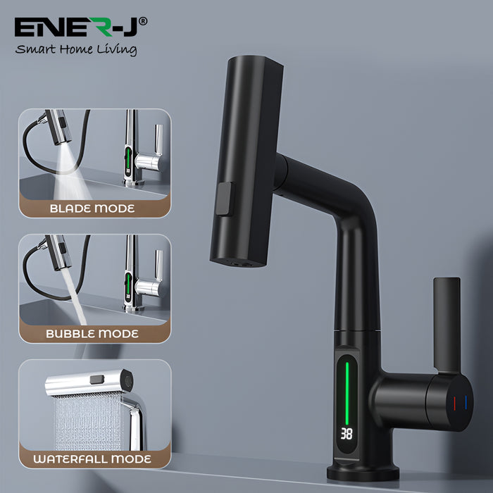 Ener J BW2002 Single Hole Basin Faucet with Waterfall, Pull Out Sprayer and LED Temperature Display - Black