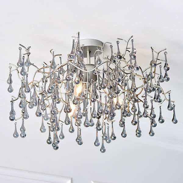 Antique Silver & Smokey Glass Teardrop Semi-Flush Chandelier