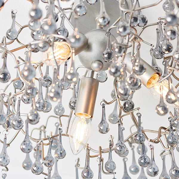 Antique Silver & Smokey Glass Teardrop Semi-Flush Chandelier