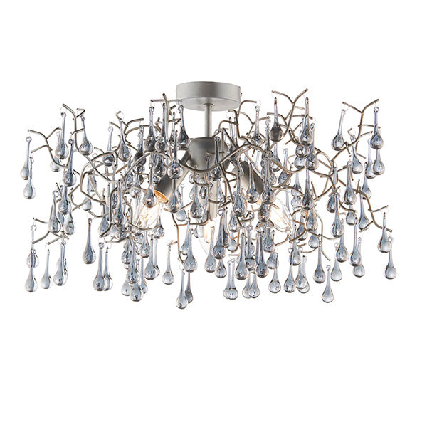 Antique Silver & Smokey Glass Teardrop Semi-Flush Chandelier