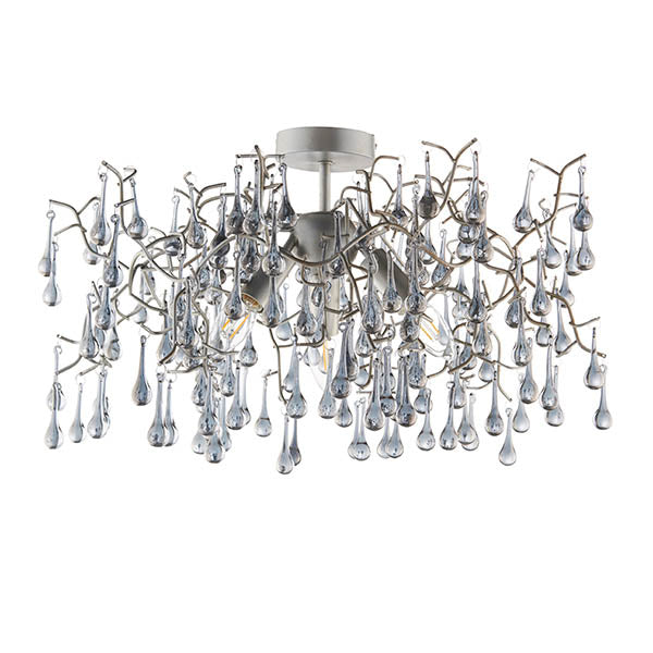 Antique Silver & Smokey Glass Teardrop Semi-Flush Chandelier