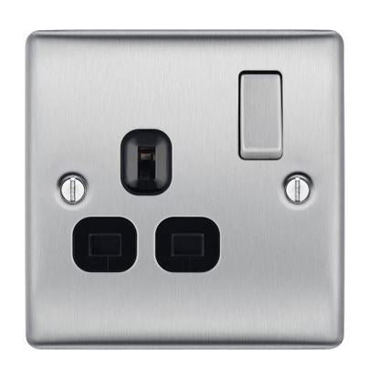 BG NBS21B Brushed Steel 1 Gang 13 Amp Switched Socket Double Pole Black Insert - SND Electrical Ltd