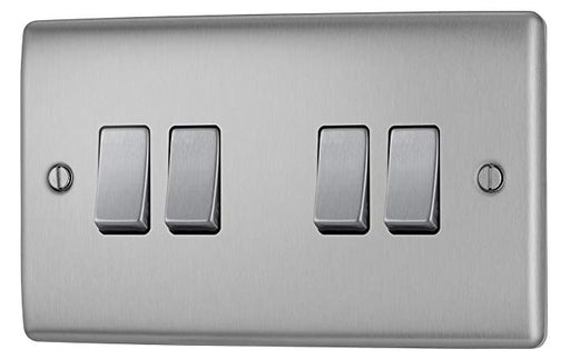 BG NBS44 Brushed Steel 4 Gang 2 Way 10 Amp 10AX Light Switch Plate - SND Electrical Ltd