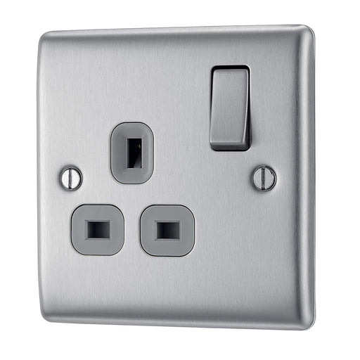 BG NBS21G Brushed Steel 1 Gang 13 Amp Switched Socket Double Pole Grey Insert - SND Electrical Ltd