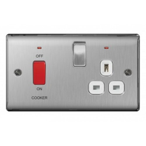 BG NBS70B Brushed Steel 45 Amp Cooker Unit with Switched Socket & Neon Indicator Black Insert - SND Electrical Ltd