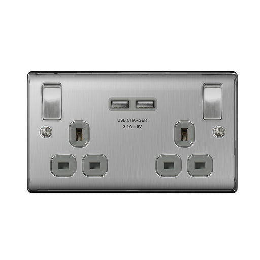 BG NBS22U3W Brushed Steel 2 Gang Socket with Grey Insert & 2 x USB 3.1A - SND Electrical Ltd