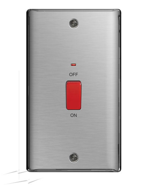 BG NBS72 Brushed Steel 45A Double Pole Vertical Switch With Neon Indicator - SND Electrical Ltd