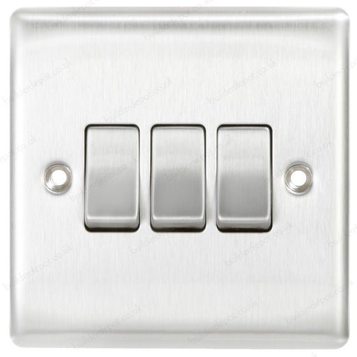 BG NBS43 Brushed Steel 3 Gang 2 Way 10 Amp 10AX Triple Light Switch Plate - SND Electrical Ltd