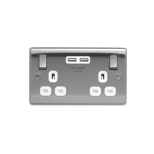 BG NBS22U3W Brushed Steel 2 Gang Socket with White Insert & 2 x USB 3.1A - SND Electrical Ltd