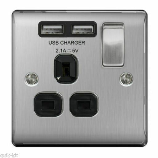 BG NBS21U2B Brushed Steel 1 Gang Single 13A Switched Socket with Black Insert and 2 x USB Ports 2.1A - SND Electrical Ltd